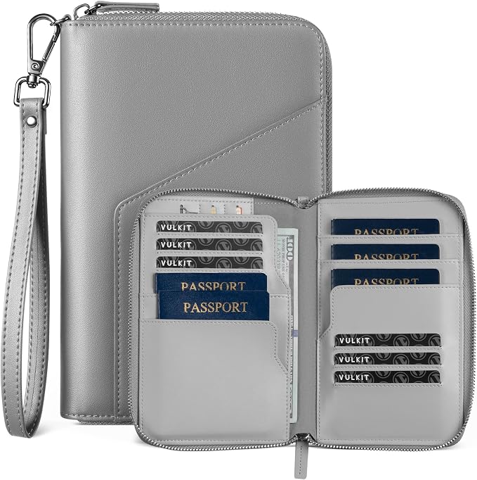 VULKIT Family Passport Holder for 4 Passports - RFID Blocking Travel Wallet Holds Up to 5, Organizer with 4 Slots for Cards & SIM, Secure Zipper Closure, Family Travel Essentials (Grey)