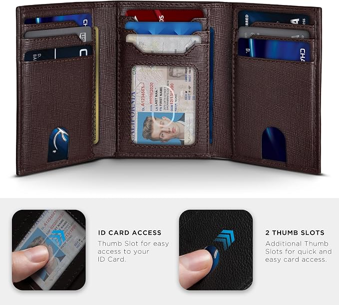 SERMAN BRANDS Trifold Wallet for Men - RFID Blocking Full Grain Leather, 11 Card Slots & ID Window, Slim Everyday Carry, Durable Stitching, Gift for Him