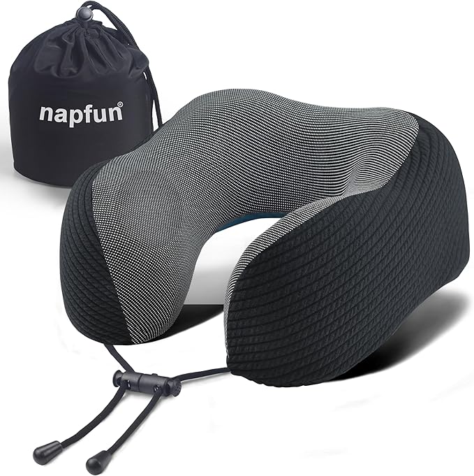 napfun Neck Pillow for Traveling, Upgraded Travel Neck Pillow for Airplane 100% Pure Memory Foam Travel Pillow for Flight Headrest Sleep, Portable Plane Accessories, Charcoal Black