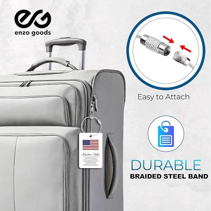 Personalized Luggage Tag with American Flag | 2 Pack | Custom Luggage Tags for Suitcases | Kids Backpack Tag | 4 Color Options & Choose Font, Font Color