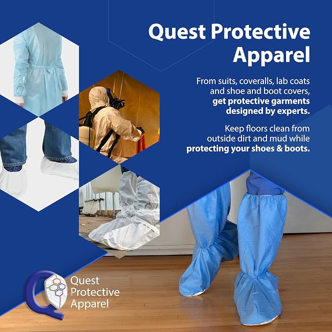 Quest Traction Disposable Boot & Shoe Covers 18" Tall – Non-Slip, Water-Resistant Protective Overshoes, Blue, Small, 50 Pairs for Cleanroom, Medical & Industrial Use
