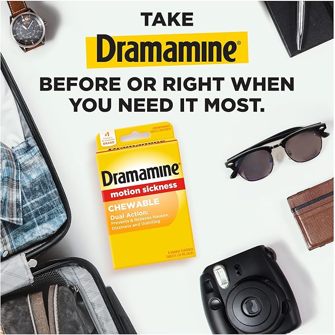 Dramamine Motion Sickness Chewable, Tablets to Prevent & Relieve Motion Sickness, Dizziness & Nausea, Orange Flavor, 4 Count