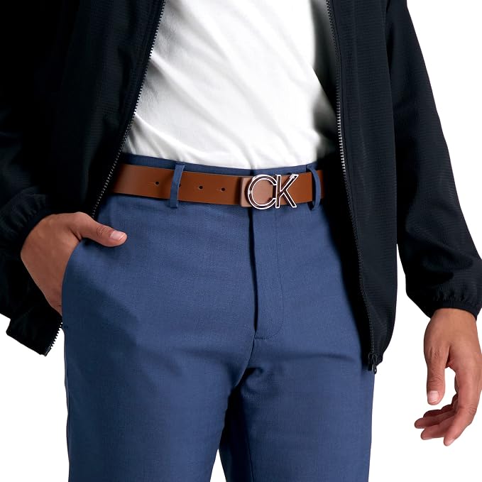 Calvin Klein Men’s CK Monogram Cut Out Buckle Belt – Casual Belt for Jeans & Everyday Wear