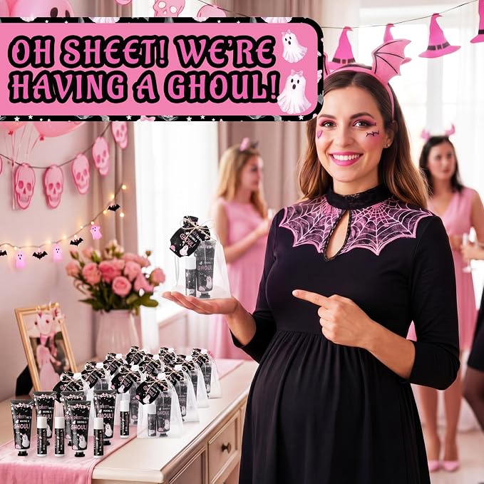 Batiyeer 25 Sets/100 Pcs Halloween Baby Shower Party Favors Bulk We're Having a Ghoul Travel Size Hand Cream and Lip Balm Sets for Halloween Gender Reveal Party Supplies, with Cards Organza Bags