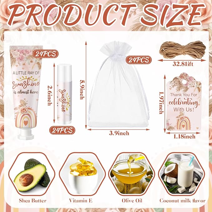 Lounsweer 24 Sets Boho Baby Shower & Baby Sprinkle Favors for Guests Rainbow Sunshine Hand Cream and Lip Balm Gift Set with Organza Bags and Thank You Cards Travel Size Lotion