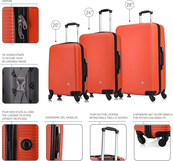 InUSA ROYAL Hardside Luggage Set with Spinner Wheel | Spacious Travel Suitcases with Ergonomic GEL Handle and Studs | (20/24/28) 3 Piece Luggage Set | Orange