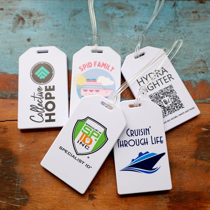 10 Pack - Bulk Custom Luggage Tags - Heavy Duty Personalized Bag Tag for Suitcases or Backpack - Hard Plastic - Add Company Logo, School I’D, Photo - Quality & Detail UV Print by Specialist ID (White)
