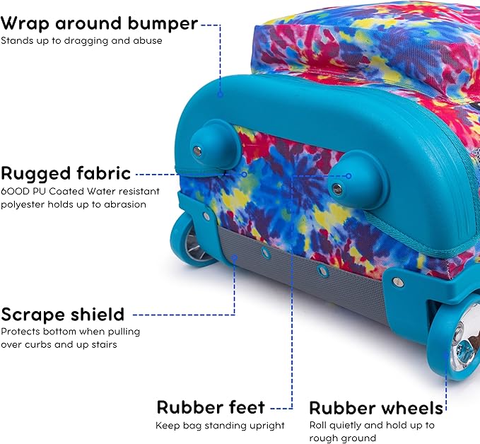 J World Sunrise Kids Rolling Backpack for Girls Boys. Roller Bookbag With Wheels For School, Tie Dye