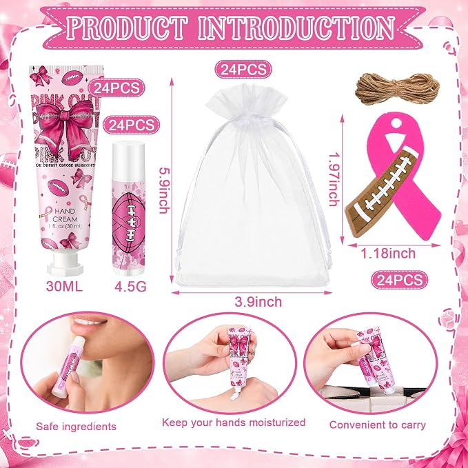 24 Sets Pink out Football Breast Cancer Awareness Favors Breast Cancer Awareness Gift Football Sports Themed Hand Cream Lip Balm Gift for Women Pins Pink Ribbon Travel Size Hand Lotion Lip Balm