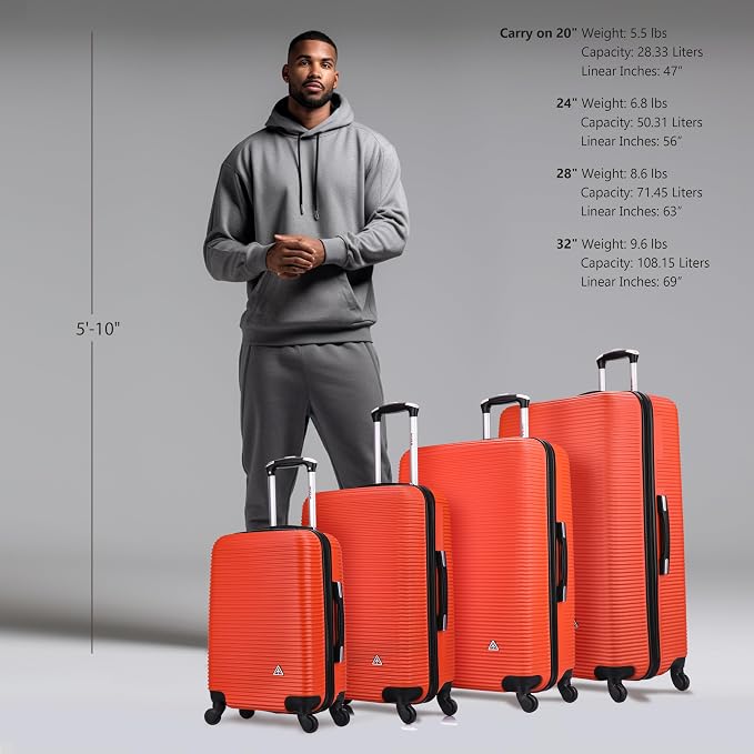 InUSA ROYAL Hardside Luggage Set with Spinner Wheel | Spacious Travel Suitcases with Ergonomic GEL Handle and Studs | (20/24/28/32) 4 Piece Luggage Set | Orange