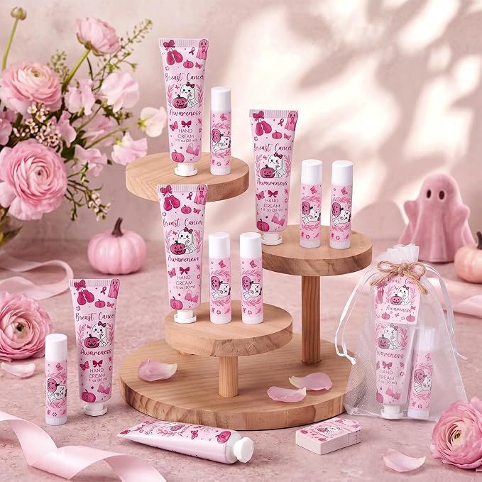 48 Sets Halloween Breast Cancer Hand Cream and Lip Balm Ghost Breast Cancer Awareness Gift for Women Travel Size Hand Lotion Pink Ribbon Survivor Charity Event Campaign Supplies