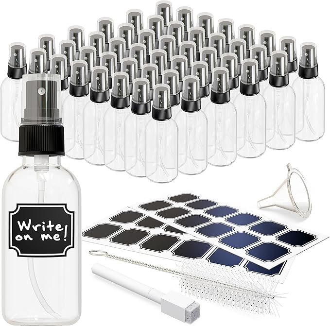 Nevlers Clear Glass Small Spray Bottle 2 Oz 48 Pack Body Spritzer Bottles | Mini Travel Spray Bottle Set with Funnel, Brush, Marker & Labels | Small Atomizer Mist Bottles for Perfume, Face & Hair