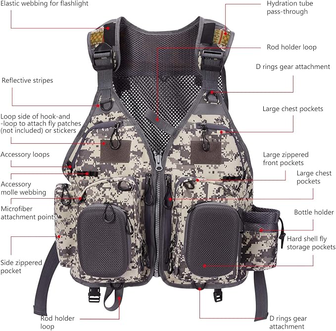 BASSDASH Strap Fishing Vest Adjustable for Men and Women, for Fly Bass Fishing and Outdoor Activities