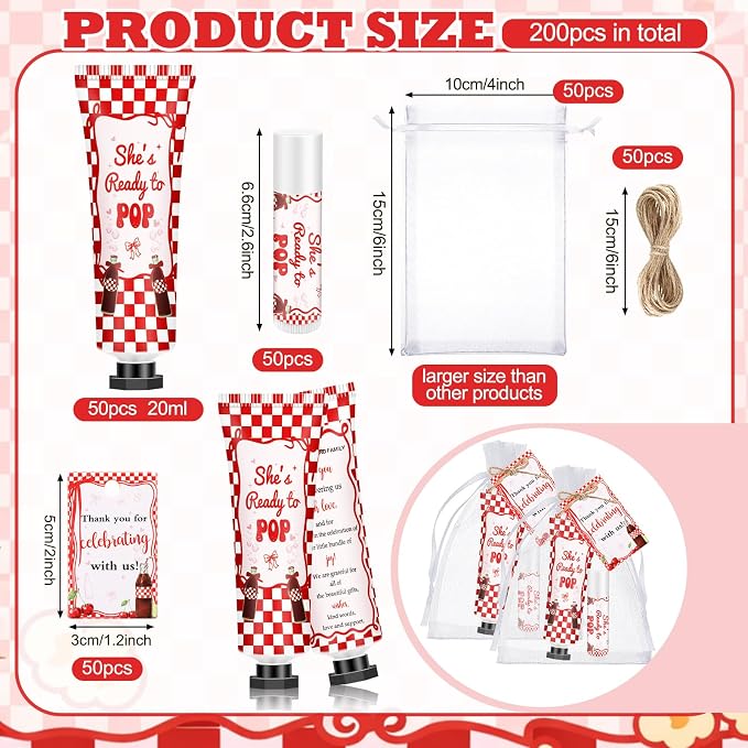 50 Sets 200 Pcs She's Ready to Pop Baby Shower Hand Lotion and Lip Balm Gift Theme Baby Shower Party Favors Travel Size Hand Lotion and Lip Balm Bulk with Organza Bags Tags