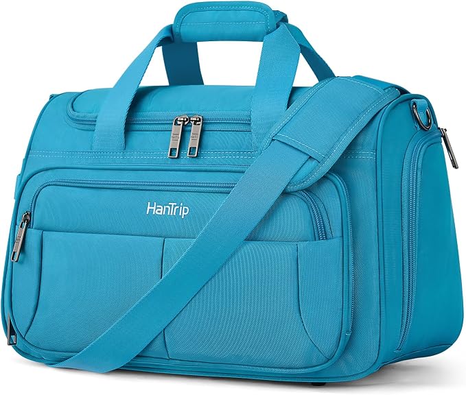 HanTrip Carry on Duffel Bag Foldable Duffle Bags for Travel, Under Seat Personal Item Bags for Airplanes, Weekender Overnight Mens Travel Tote Bag for Women Softside Carry on Luggage (Caribbean Blue)