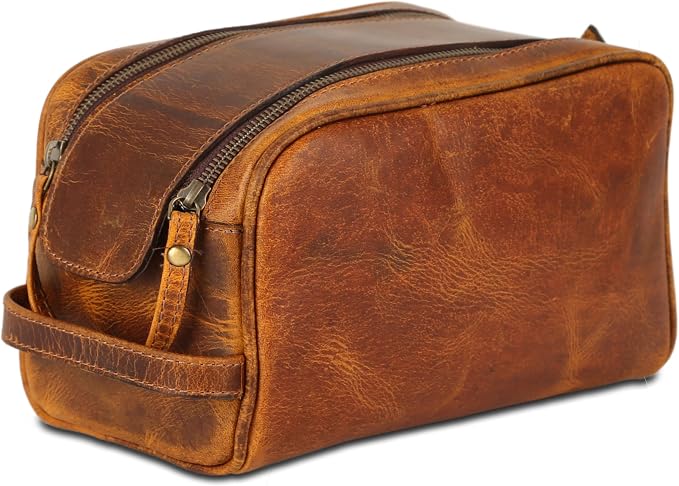 KomalC Travel Toiletry Bag – Premium Leather Dopp Kit for Men & Women with Water-Resistant Lining & Spacious Zippered Organizer
