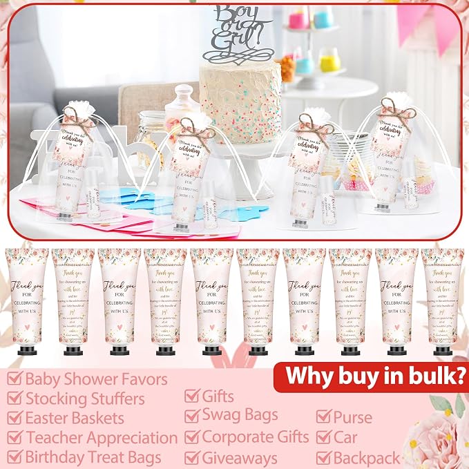 50 Sets 200 Pcs Pink Floral Baby Shower Gifts Bulk Hand Lotion and Lip Balm Wedding Party Favors Floral Theme Bride Shower Travel Size Hand Lotion and Lip Balm with Organza Bags Tags