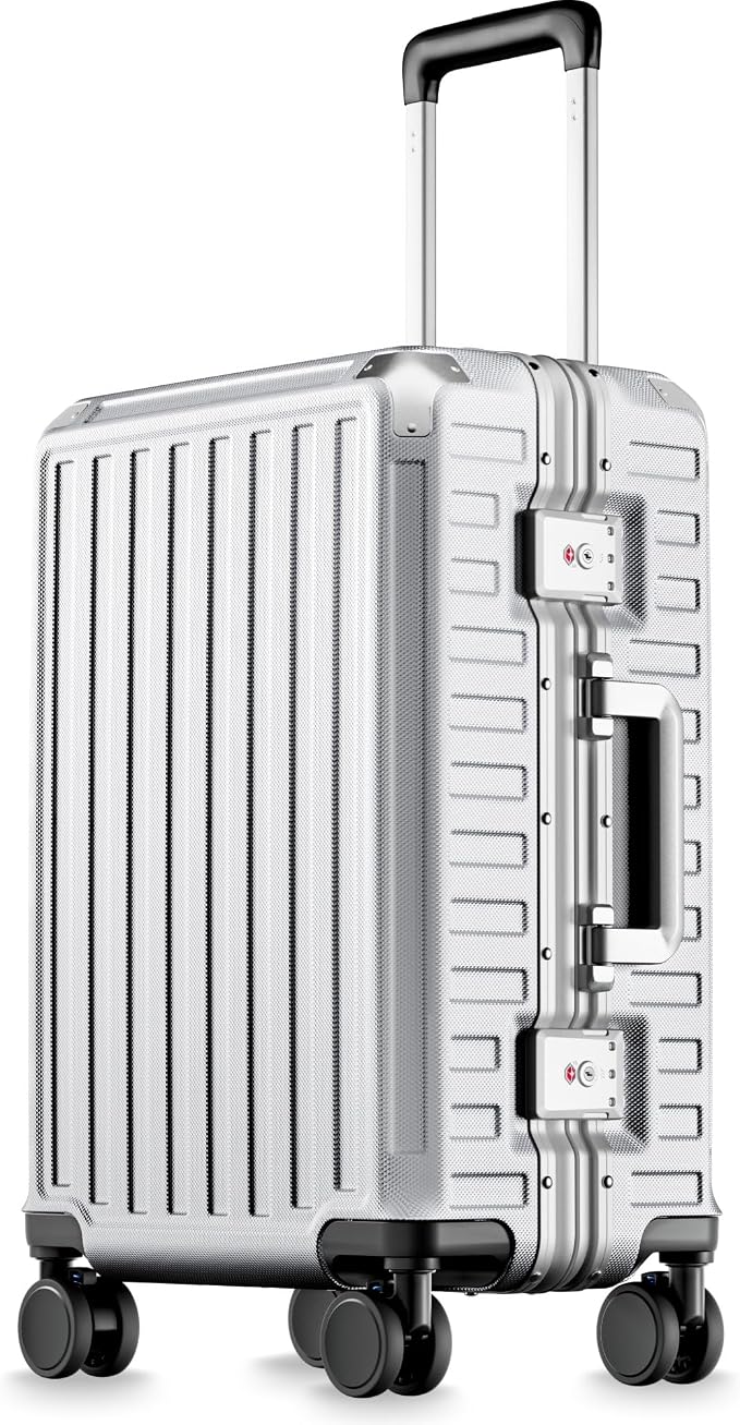LUGGEX Carry On Luggage with Spinner Wheels, 8010S Aluminum Frame Zipperless Polycarbonate Hard Shell Suitcase (ZX-Core, Silver Ivory, 20 Inch)