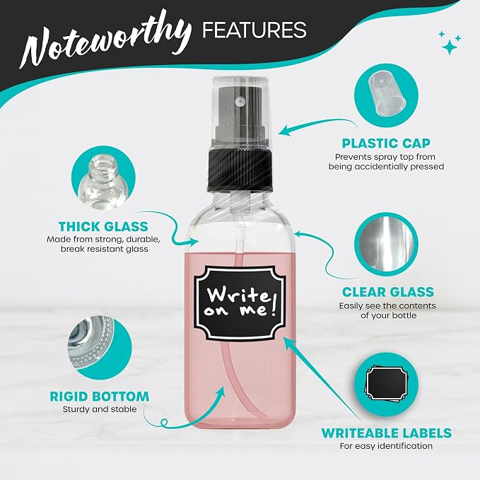 Nevlers Clear Glass Small Spray Bottle 2 Oz 24 Pack Spritzer Bottles | Small Travel Spray Bottle Set w/ Shrink Wrap, Funnel, Brush, Marker & Labels | Face & Body Small Atomizer Fine Mist Sprayer