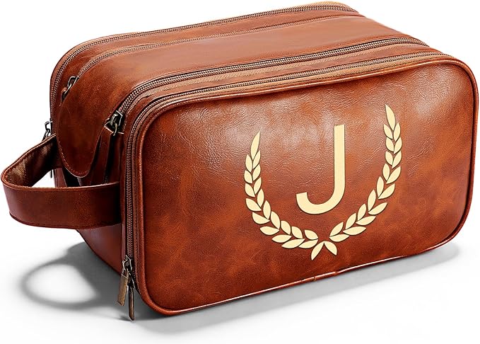 OXYEFEI Personalized Gifts for Men, Personalized Large Toiletry Bag for Men,Custom PU Leather Waterproof Mens Toiletry Travel with Initial Essential Dopp Kit Shaving Bag (J, Light Brown)