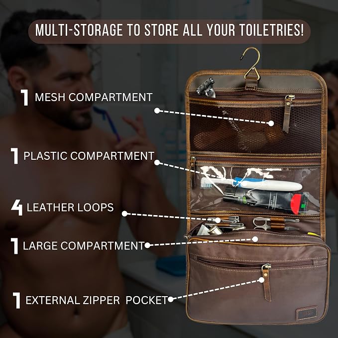 RUSTIC TOWN Leather Hanging Toiletry Bag for Men - Travel Shaving Dopp Kit - Bathroom Shower Toiletries Organizer - Leather Cosmetic Makeup Bag for Women