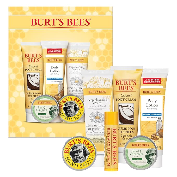 Burt's Bees Mothers Day Gifts Ideas - Timeless Minis Set, 6 Products - Beeswax Lip Balm, Coconut Foot Cream, Honey Body Lotion, Deep Cleansing Cream, Res-Q Ointment & Hand Salve