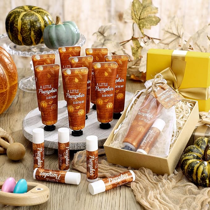 24 Sets Little Pumpkin Baby Shower Hand Cream and Lip Balm Gift a Little Pumpkin Is on the Way Baby Shower Party Favor Travel Size Hand Lotion and Lip Balm Bulk with Organza Bag and Tag for Guests