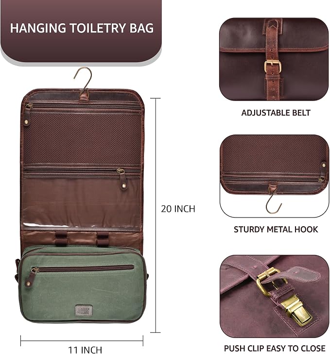 LEATHER VILLAGE Hanging Genuine Leather Toiletry Bag for Men & Women with Waterproof Lining – Handcrafted Vintage Travel Dopp Kit, Shaving Organizer & Shower Bathroom Essentials Case - Cherry