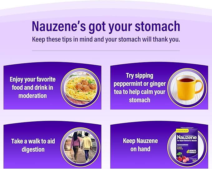 Nauzene Non-Drowsy Upset Stomach & Nausea Relief Chewable Tablets | 4-Minute Formula | Doctor Recommended | Wild Cherry Flavor | 56 Count