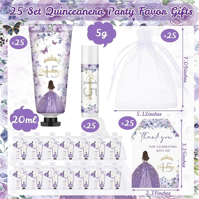 Leelosp 25 Set/100 Pcs Quinceanera Party Favor for Guest with Travel Size Hand Cream, Lip Balm, Card, Organza Bags Quinceanera Gift Set Sweet 15th Party Supply Birthday Souvenir(Purple)