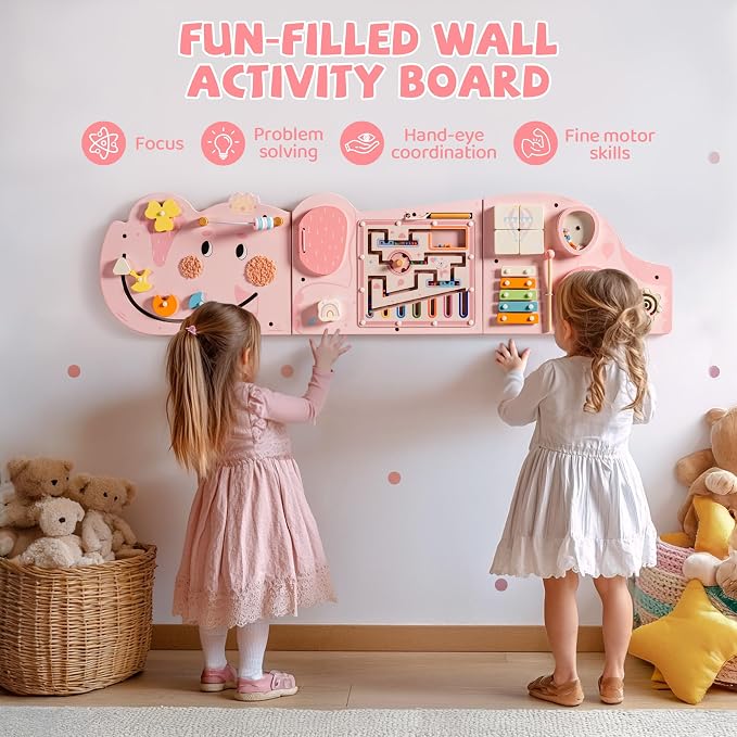 ROBUD Elephant Montessori Busy Board, 12-in-1 Activity Wall Busy Board, Montessori Sensory Wall Panel for Boys & Girls, Toddler Learning Activity Center for Playroom, Nursery, Pink