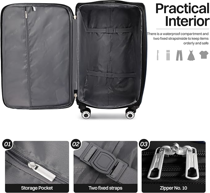 2-Piece Set Front Opening,Softside Luggage Sets w/Double Spinner Wheels Expandable Luggage,Lightweight Travel Luggage Rolling Suitcase w/LOCK（Black-Burgundy,20in/28in）