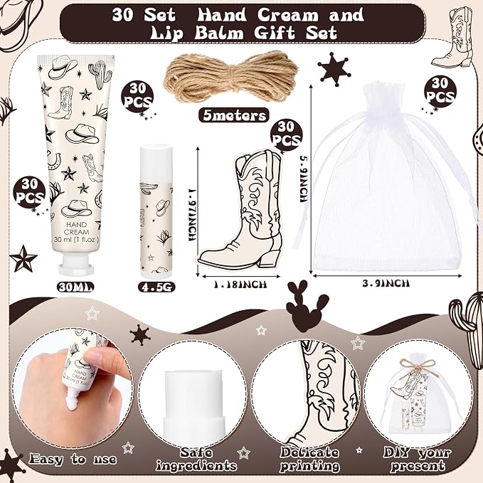 30 Sets Brown Western Baby Shower Party Favors Hand Creams and Lip Balms Gift Bulk for Guests Disco Boots Travel Size Hand Lotion and Lip Balm Gifts for Birthday Bridal Shower