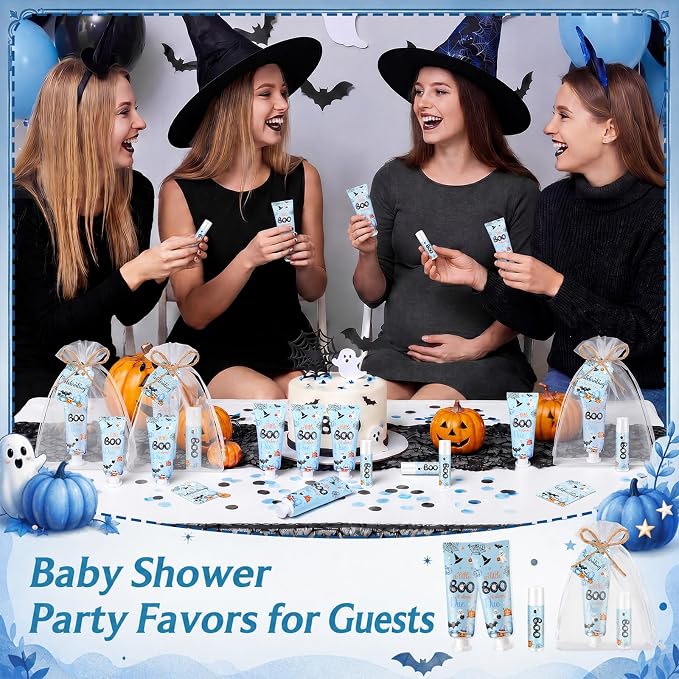 24 Sets Halloween Little Boo Baby Shower Hand Cream and Lip Balm Gift Baby Shower Party Favors Travel Size Hand Lotion Lip Balm Bulk with Organza Bag Tag Halloween Newborn Party for Guests Kids