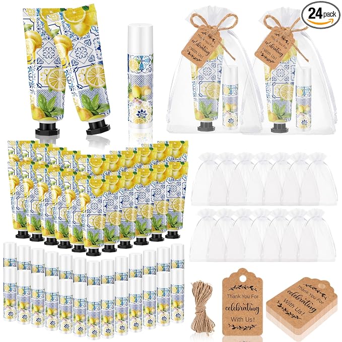 24 Sets Lemon Hand Cream and Lip Balm Gift Lemon Bridal Baby Shower Party Supply Travel Size Hand Lotion and Lip Balm Bulk with Organza Bag and Tag Wedding Baby Shower Party