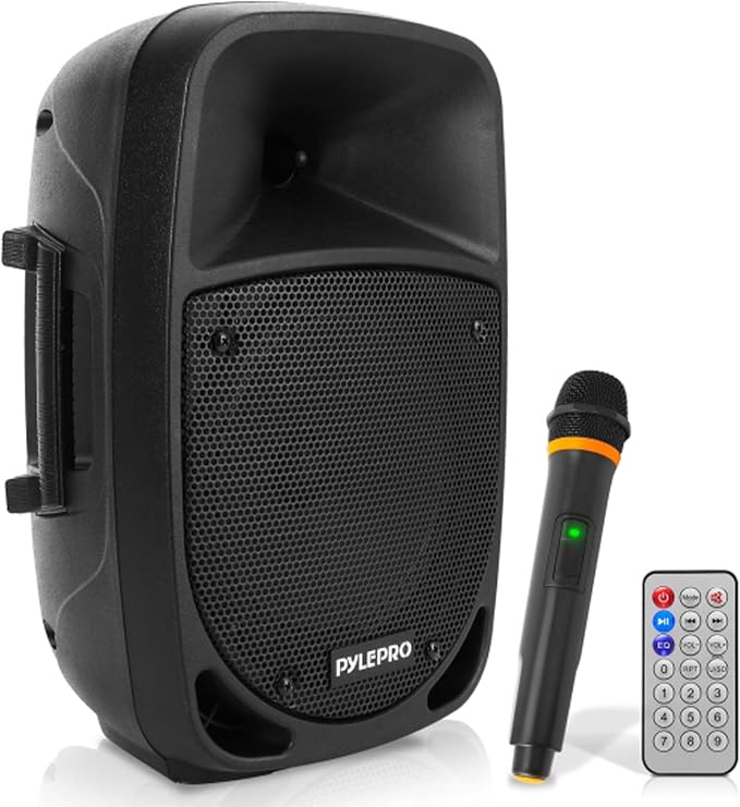 Pyle 800W Portable Bluetooth PA Speaker - 8’’ Subwoofer, LED Battery Indicator Lights w/ Built-in Rechargeable Battery, MP3/USB/SD Card Reader, and UHF Wireless Microphone - Pyle PSBT85A,Black