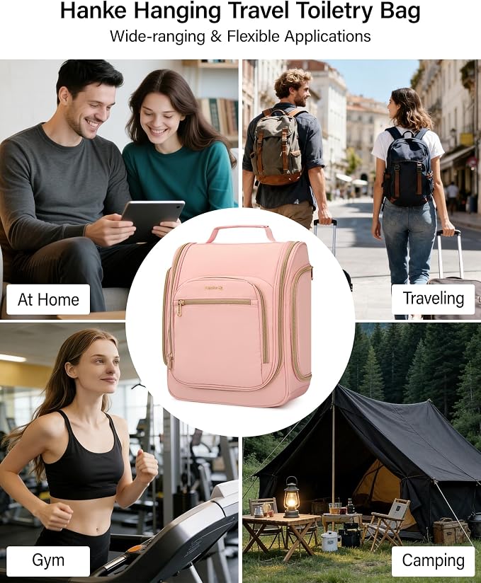Hanke Hanging Travel Toiletry Bag for Men and Women, Water-Resistant Toiletries Bag Makeup Organizer with Hook, Cosmetic Bag for Bathroom & Travel Essentials Accessories, Pink