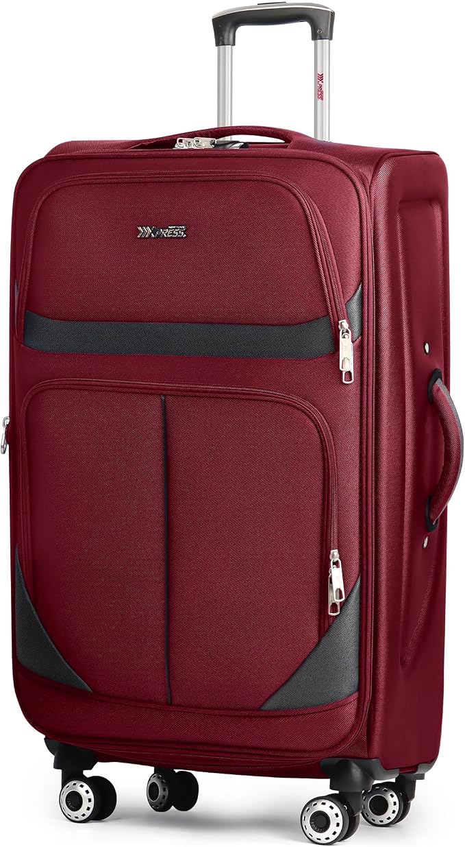 32'' Large Softside Suitcase,Expandable 15% Luggage,with Double Spinner Wheels and LOCK,Lightweight Travel Suitcase for Men/Women（Burgundy-Grey,32in）