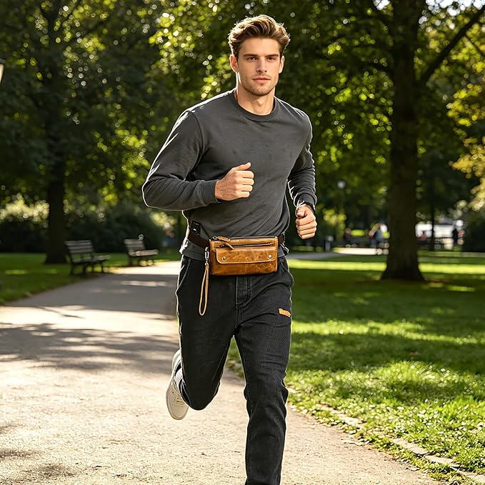 Water Resistant Canvas + Leather Hiking Riding Travel Fanny Waist Pack Small Phone Pouch For Men Women FB811-29 (100% Leather-The 8136 Brown2)