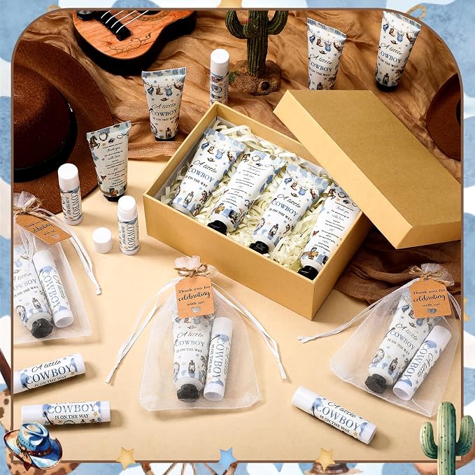 50 Sets 200 Pcs Cowboy Baby Shower Gifts Bulk Hand Lotion and Lip Balm Party Favors a Little Cowboy Is on The Way Theme Baby Shower Travel Size Hand Lotion and Lip Balm with Organza Bags Tags