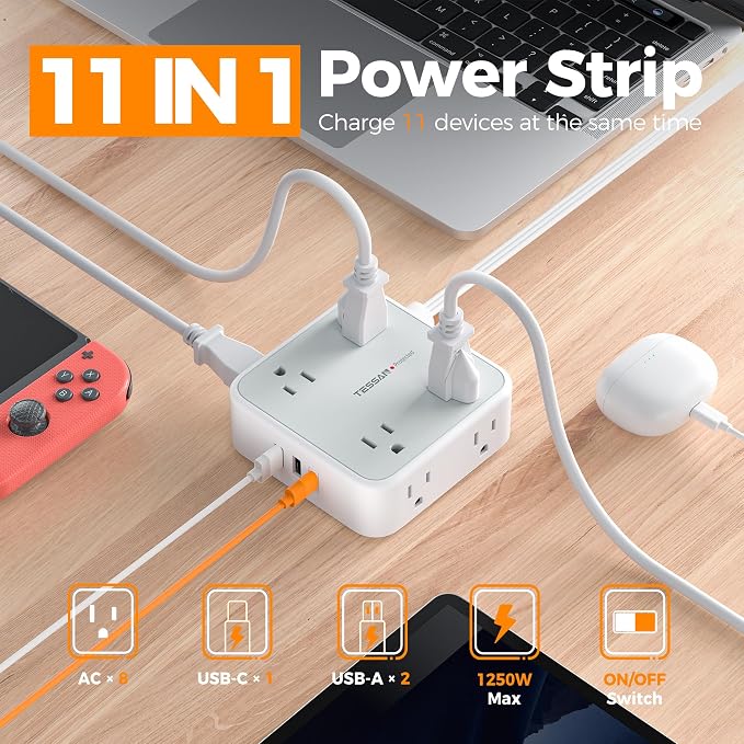 TESSAN Surge Protector Power Strip, 5 Ft Flat Plug Extension Cord with 3 USB (1 USB C 20W PD) 8 Outlets, 1250W, 900J Protection, 3 Sided Outlet Extender with Power Switch for Office, Dorm Room, Grey