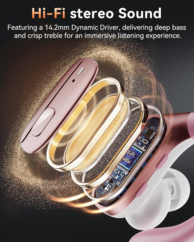LEEMC Wireless Earbuds, Bluetooth Headphones 5.4, 80Hr Playtime Ear Buds with Hooks for Sports, Noise Canceling, LED Display, IPX7 Waterproof Earphones for Workout Running, Rosegold