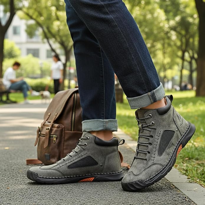 Mens Orthopedic Comfortable Handmade Boots Casual Mid Top Walking Driving Shoes Waterproof Arch Support Spacious Toe Box Outdoor Leather Shoes