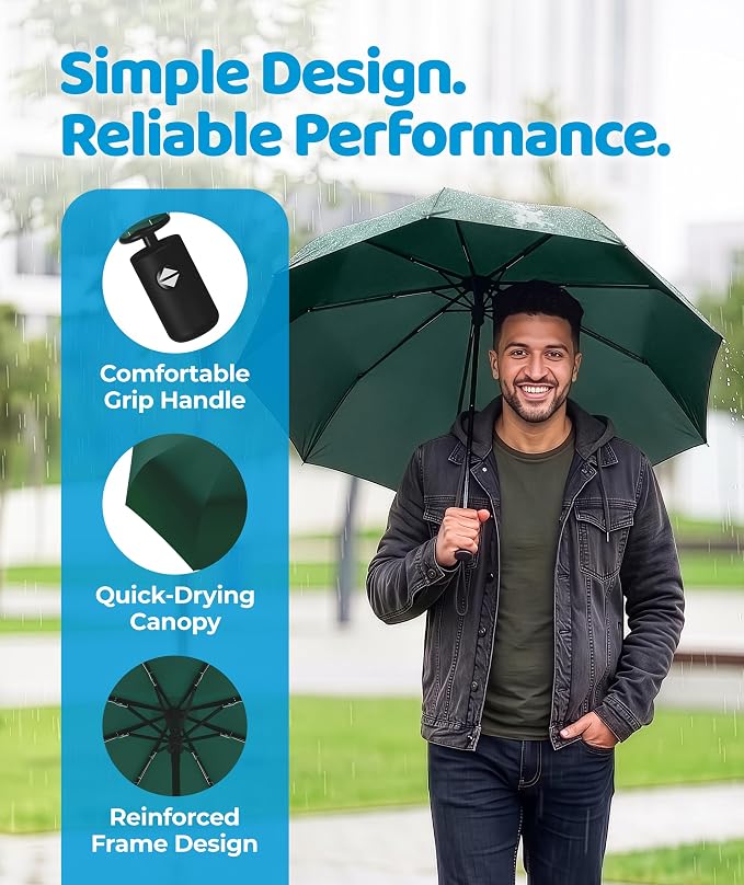 Rain-Mate Windproof Compact Umbrellas for Rain - Strong Reinforced Fiberglass Rib Design & Auto Open & Close - Portable Folding Travel Umbrella - Lightweight & Packable for Women & Men, Easy Collapse