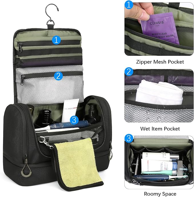 TANGCORLE Toiletry Bag for Men, Handing Travel Toiletry Organizer Protable Water Ressistant Bathroom Shaving Bags for Toiletry Accessories, Travel Essentials, Black(Empty Bag)