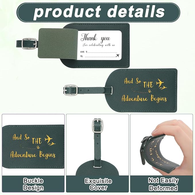 Sweetude 48 Sets Bulk Luggage Tags Wedding Favors and So The Adventure Begins Leather Luggage Tags for Suitcases with Name Card for Travel Themed Bridal Shower Graduation Party Favor(Dark Green)