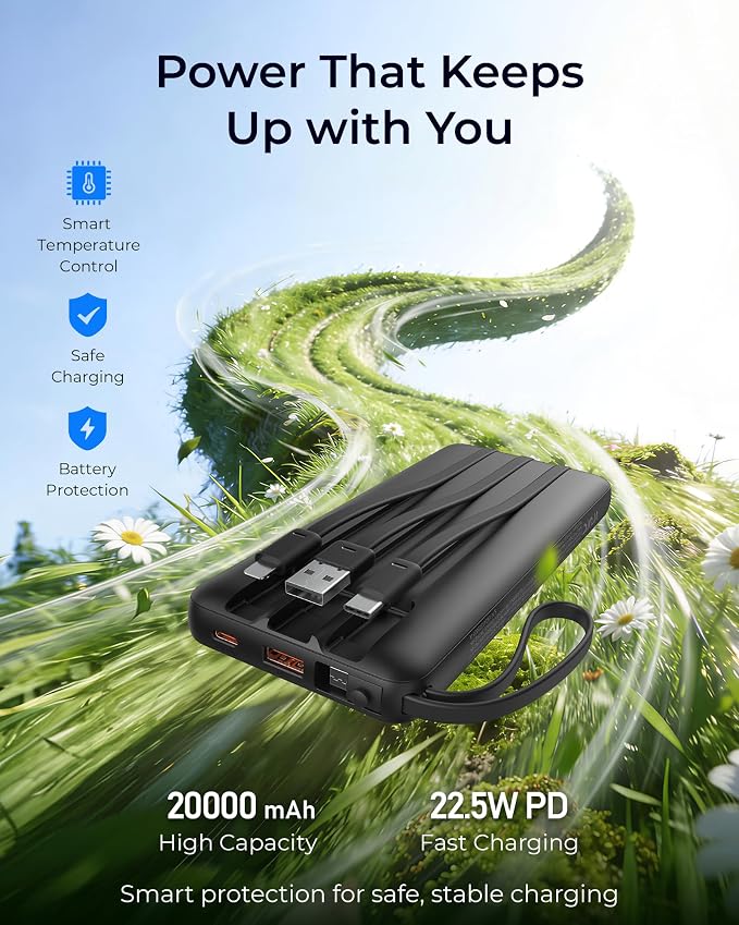 VRURC Portable Charger Slim 20000mAh Power Bank,22.5W PD Fast Charging Travel Essentials Powerbank 4-Built-in-Cables&2 Extra Ports Compatible with iPhone,iPad,Galaxy,Android (Black)