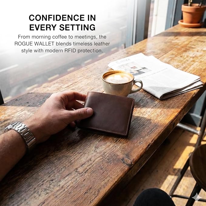 ROGUE WALLET Mens Leather RFID Blocking Wallet for Men - Genuine Top Grain Cow Leather Bifold, 12 Credit Card Slots, 2 ID Windows, Traditional Hip Pocket Billfold - Secure RFID Protection (Brown)