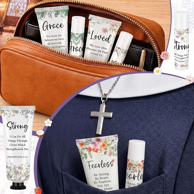 Loopeer 12 Sets Bulk Christian Hand Cream and Lip Balm Set for Women Religious Travel Size Moisturizing Lip Care Mini Religious Gifts for Women Coworker Appreciation Gift