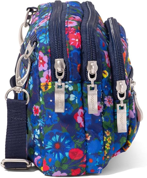 Baggallini Triple Zip Small Crossbody Bag for Women - Lightweight Convertible Fanny Pack Belt Bag